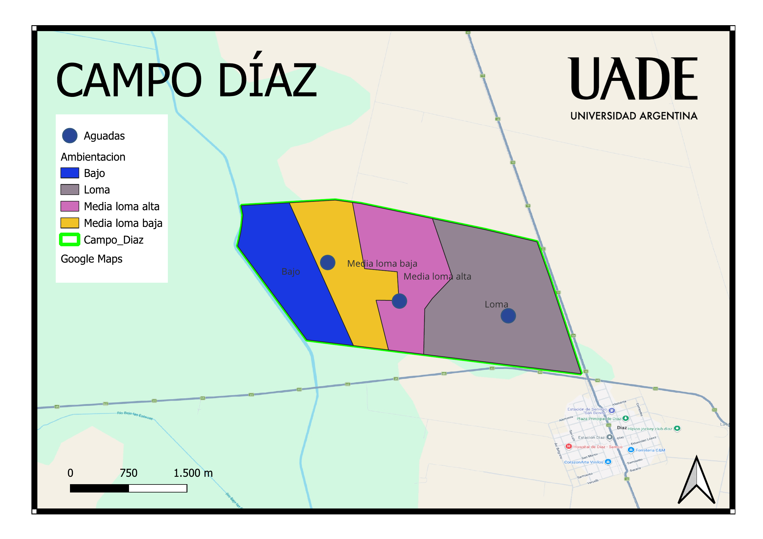 Mapa final de Campo Díaz con ambientación y referencias.