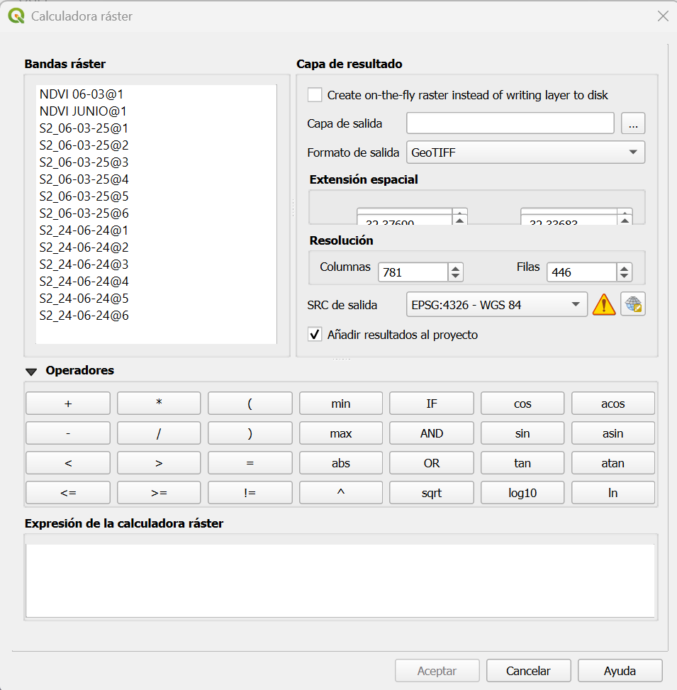 Calculadora ráster de QGIS con la fórmula del NDVI.